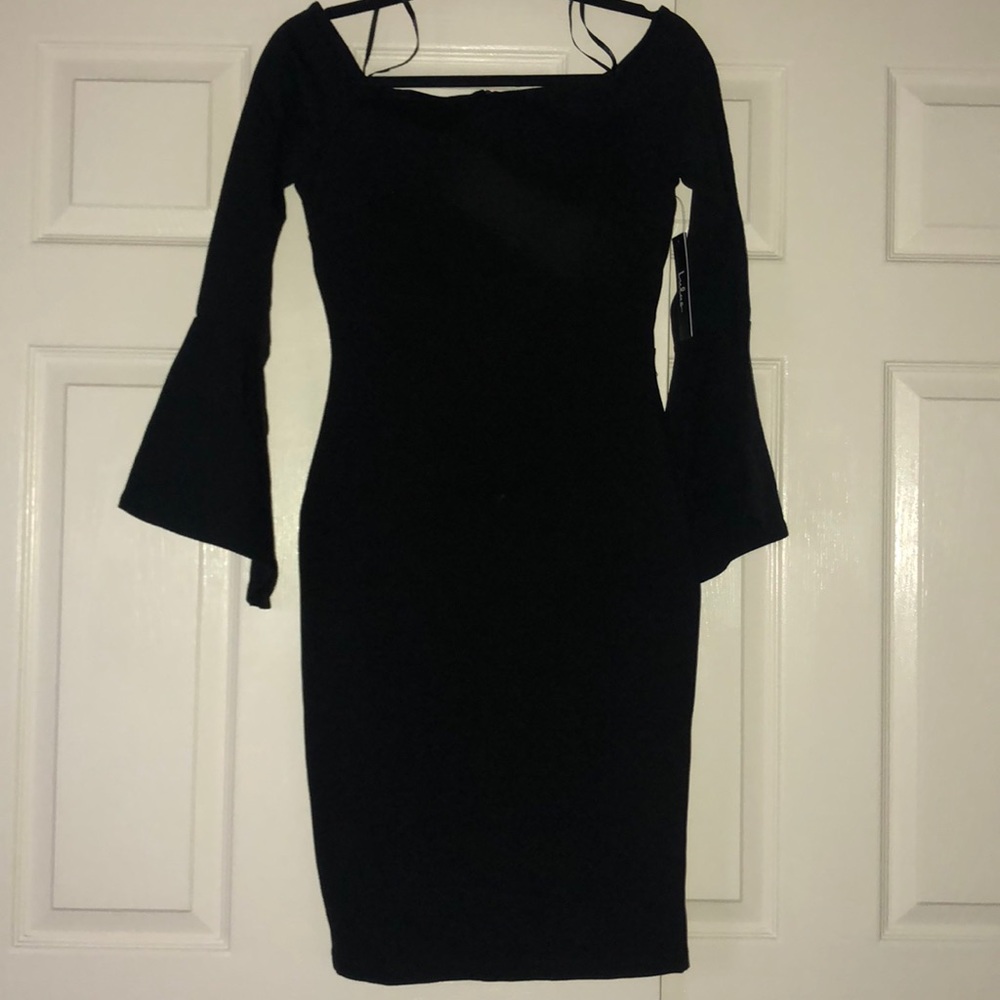 Black long tight over the shoulder dress.